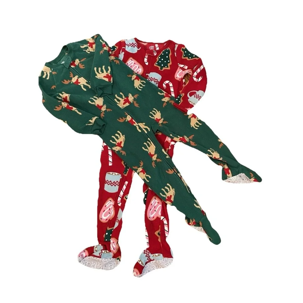 2 Carter's Kids Christmas Footie Pajamas Cookies And Reindeer Fleece Zip size 5